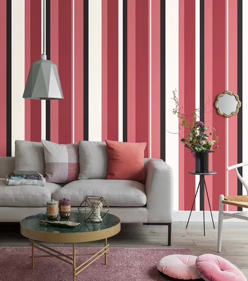 Red white black vertical stripes design wall covering