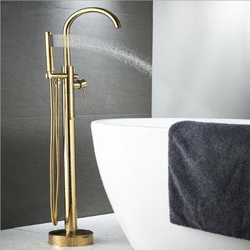 Modern Brushed Gold brass Free standing floor mount bathtub shower faucets for bathroom Bathtub Floor Free Standing Faucet Mixer Tap 360 Rotation Spout With ABS Hand shower Bath Mixer Shower