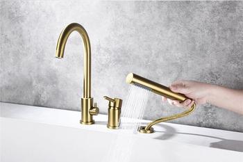 Three holes Deck Mount 5pcs Bathroom Waterfall Spout Bathtub Faucet Set with Handheld Shower Black Chrome Golden
