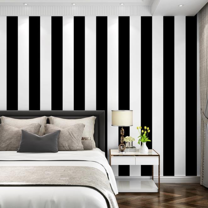 Modern simple non-woven wallpaper black and white vertical stripe bedroom hotel wallpaper