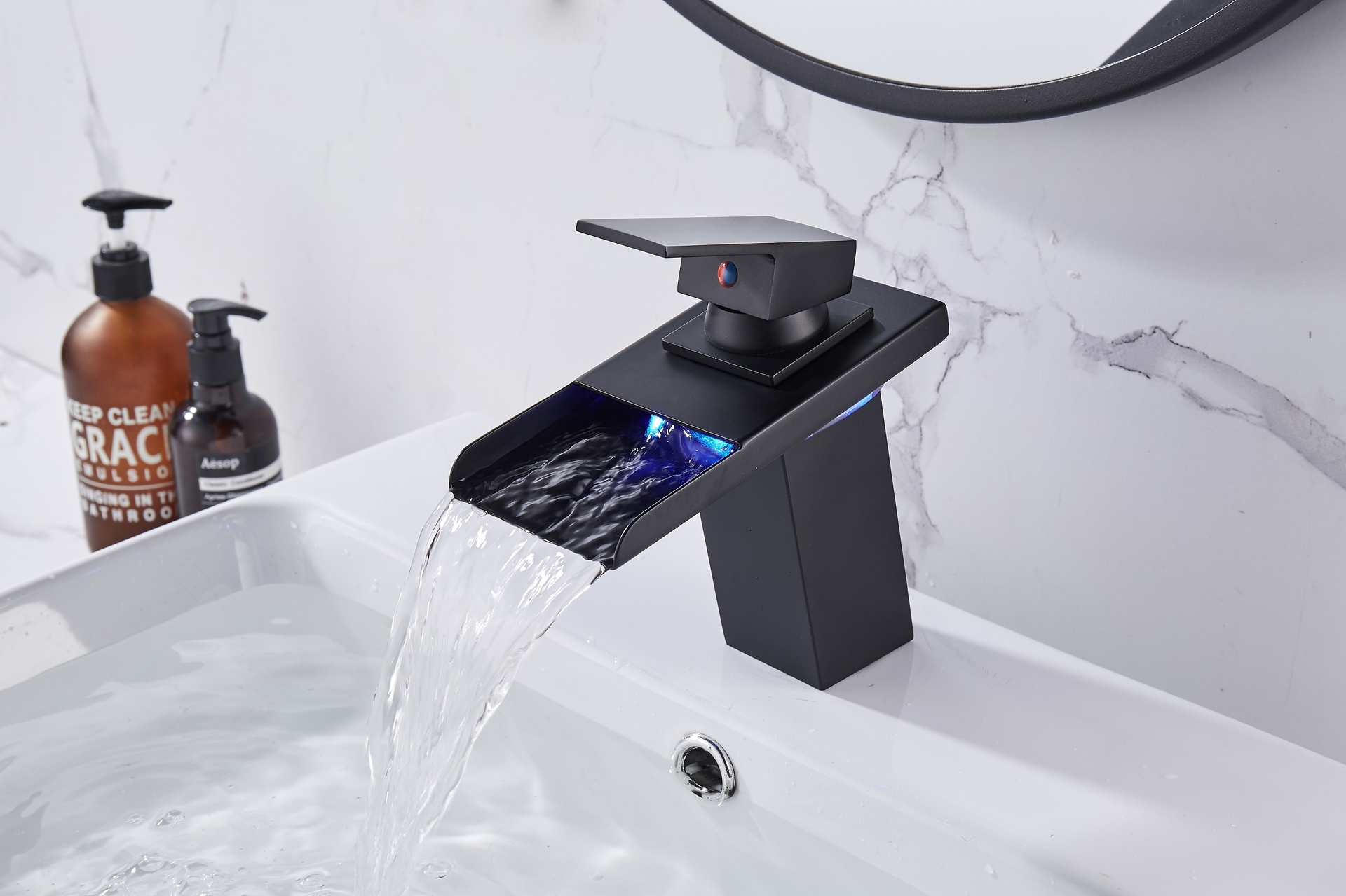 Matte black bathroom mixer LED light water tap waterfall type faucet